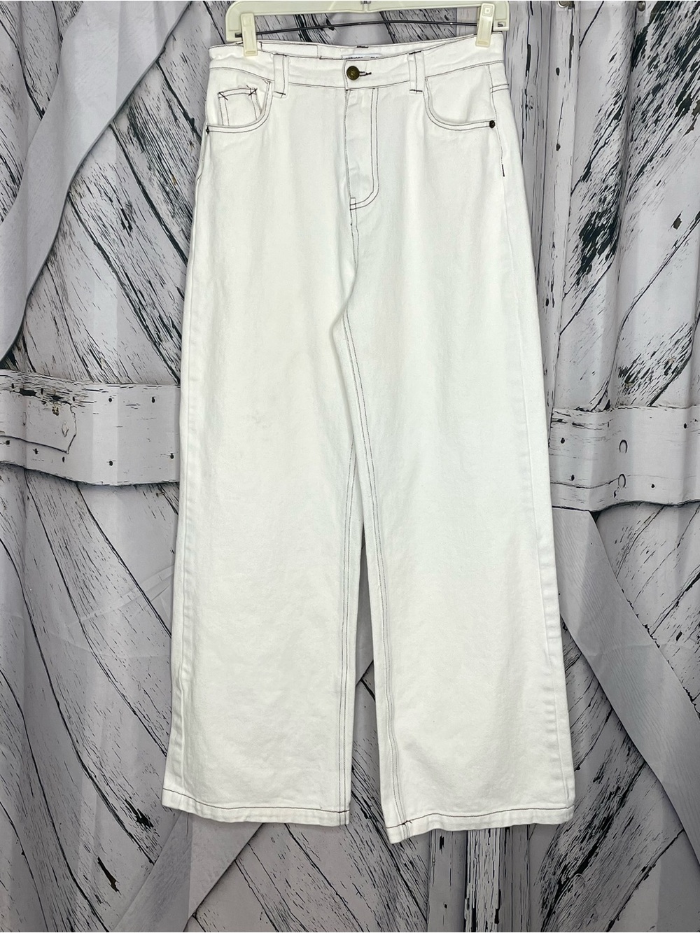 Princess Polly DNM contrast stitch high rise baggy wide leg jeans cream Sz 6